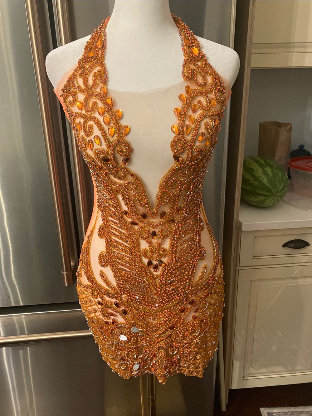 Ornate Orange Halter Mini Dress with Crystal Embellishments